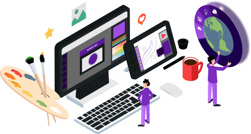 A digital illustration showing a graphic designer working on a logo design