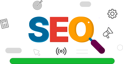 A digital illustration of big SEO letters surrounded by small icons representing social media, email, and the internet